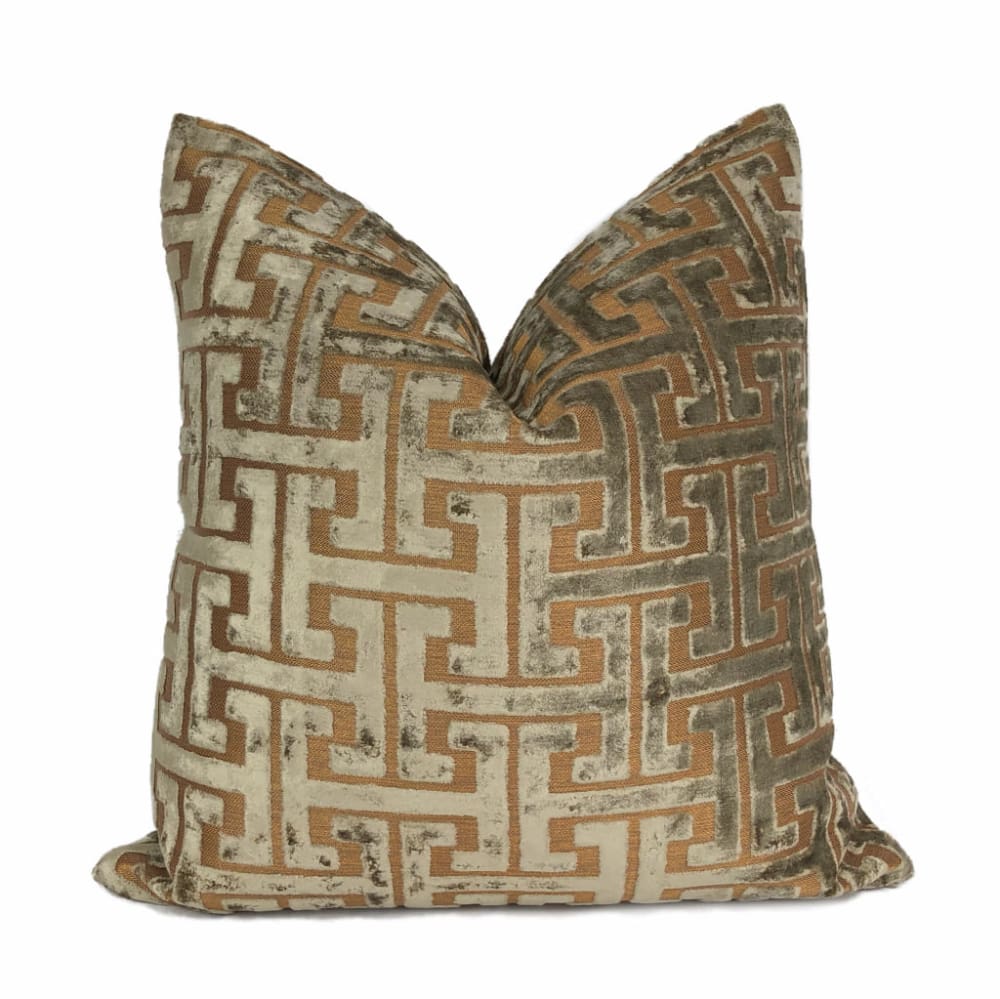 Centurion Greek Key Fretwork Taupe Bronze Cut Velvet Pillow Cover