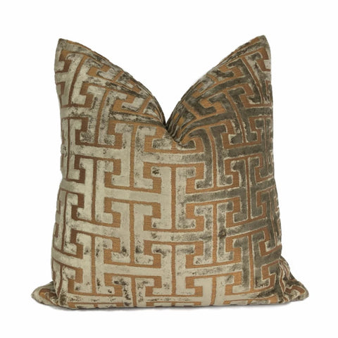 Centurion Greek Key Fretwork Taupe Bronze Cut Velvet Pillow Cover (Fabric by the Yard available) - Aloriam