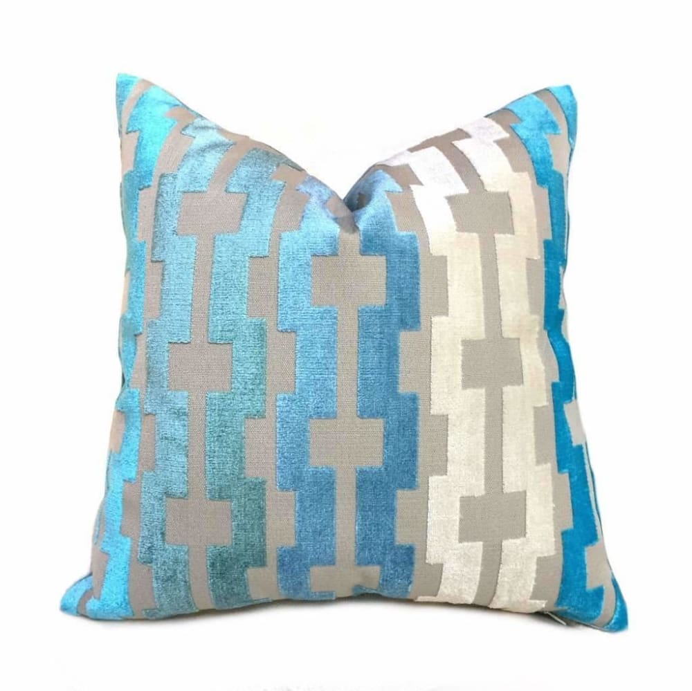 Marlow Aqua Turquoise Blue Beige Cream Modern Velvet Geometric