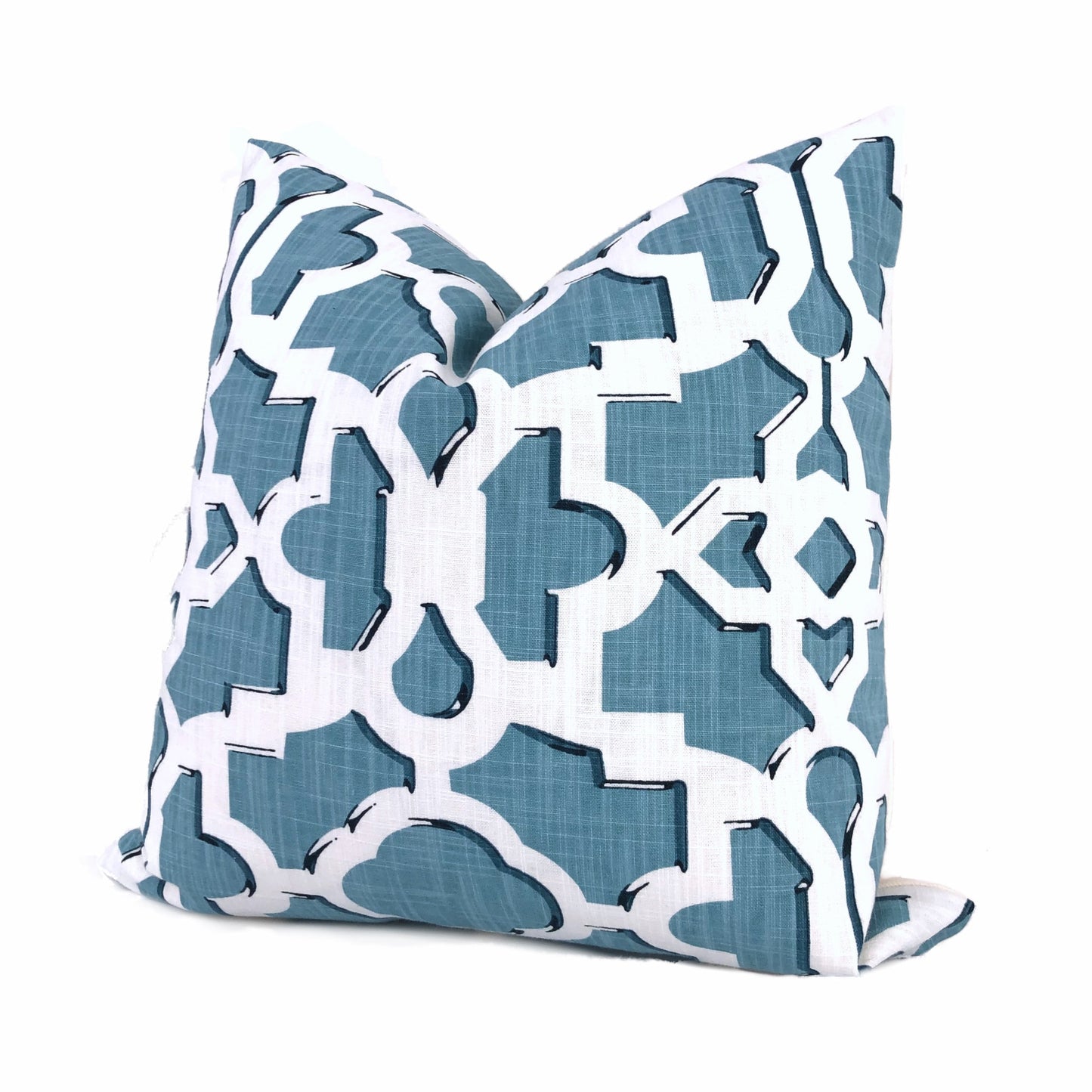 Artega Sky Blue White Lattice Fretwork Pillow Cover by Aloriam