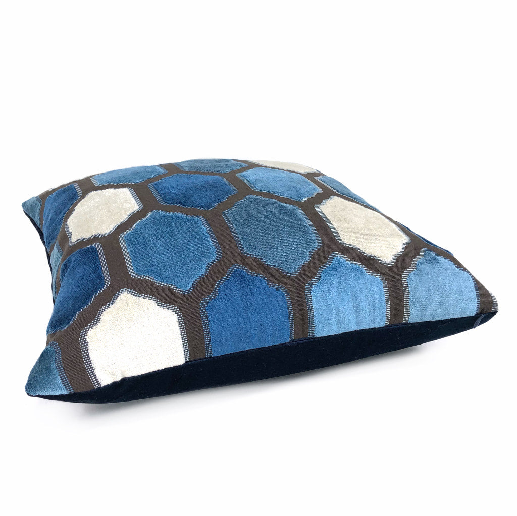 Dorsey Blue Geometric Tile Velvet Pillow Cover by Aloriam