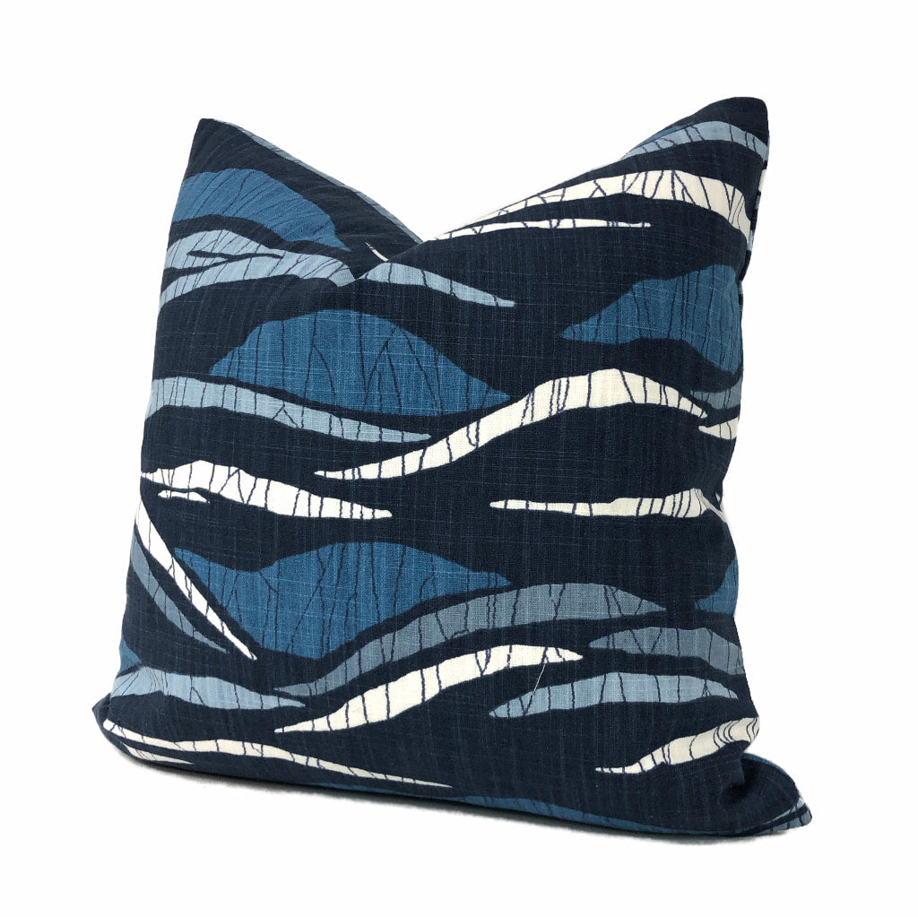Robert Allen Lotus Hills Navy Blue & White Abstract Cotton Print Pillow Cover