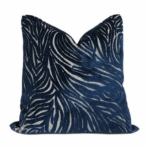 Alden Navy Blue Abstract Cut Velvet Pillow Cover - Aloriam