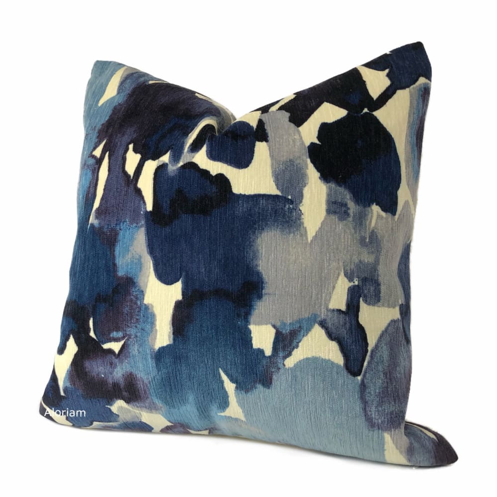 Aquarelle Blue Ivory Watercolor Style Floral Chenille Pillow Cover - Aloriam