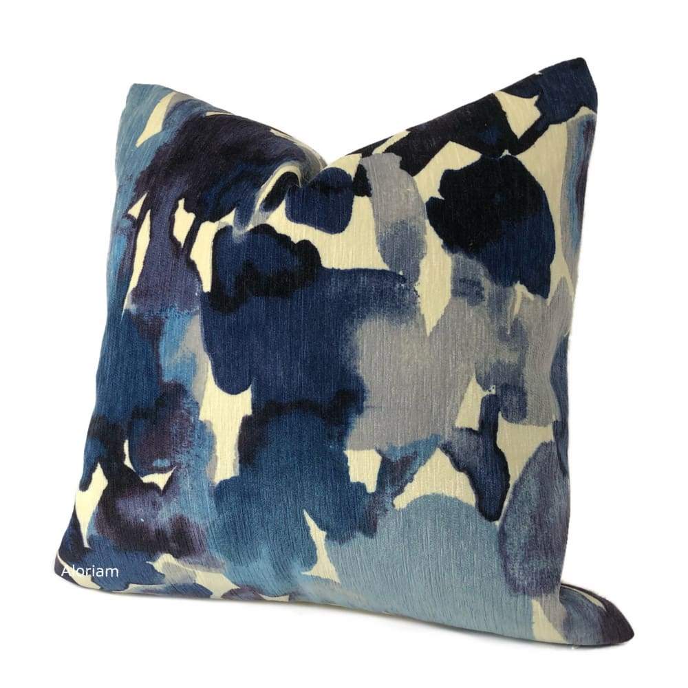 Aquarelle Blue Ivory Watercolor Style Floral Chenille Pillow Cover - Aloriam