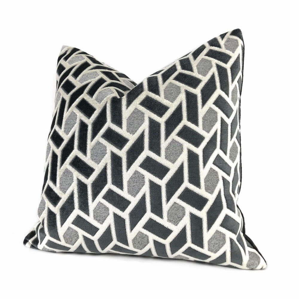 Bloomsbury Dark Gray Light Gray Geometric Tile Velvet Pillow Cover Cushion Pillow Case Euro Sham 16x16 18x18 20x20 22x22 24x24 26x26 28x28 Lumbar Pillow 12x18 12x20 12x24 14x20 16x26 by Aloriam