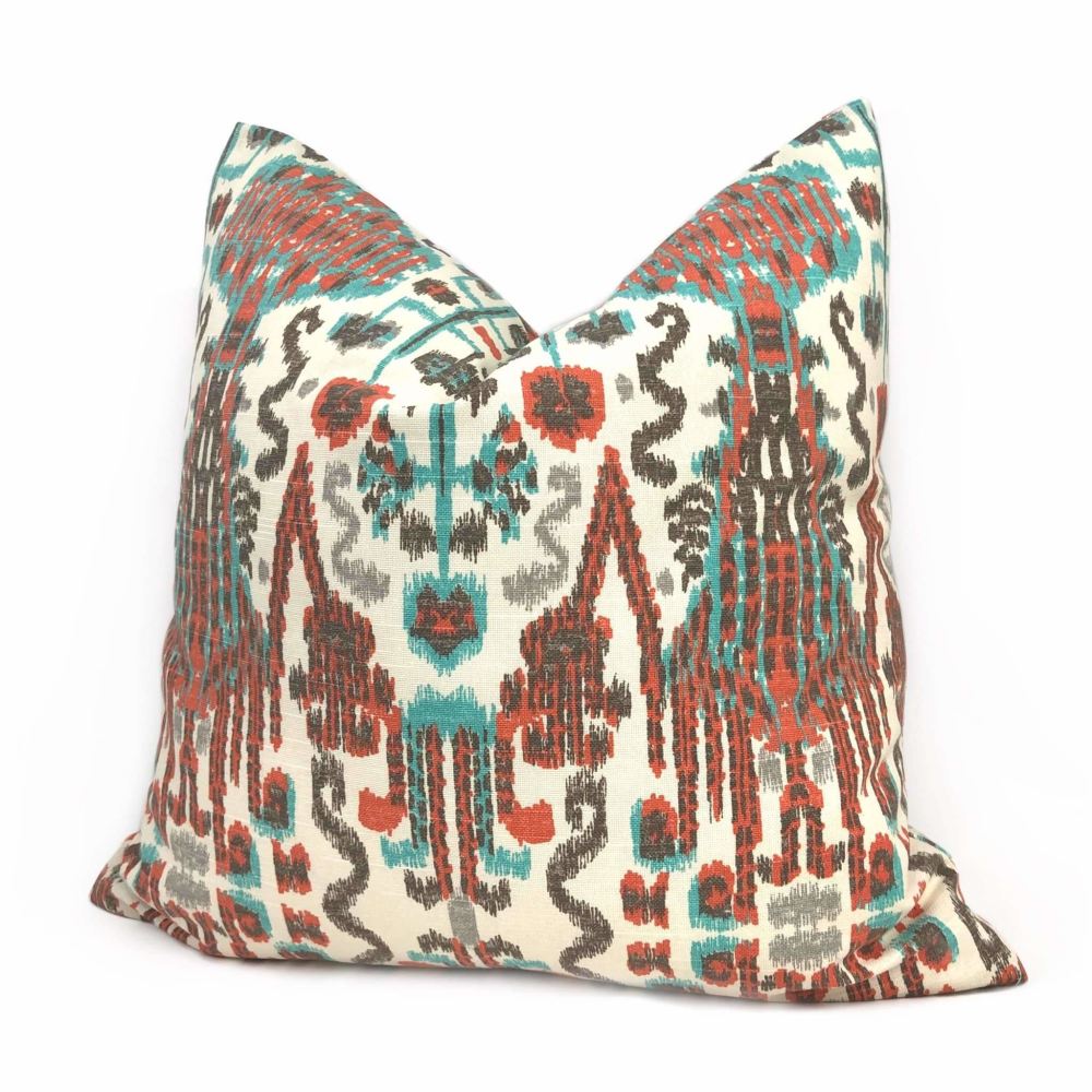 Bombay Paprika Orange Aqua Cream Ikat Pillow Cover (Made from Lacefield Designs Fabric) Cushion Pillow Case Euro Sham 16x16 18x18 20x20 22x22 24x24 26x26 28x28 Lumbar Pillow 12x18 12x20 12x24 14x20 16x26 by Aloriam