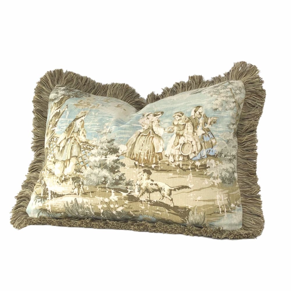 Bosporus Spa Blue Cream Old World Scenic Landscape Toile Pillow Cover with Brush Fringe Trim - Aloriam