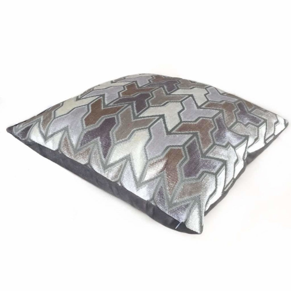 Designer Arrow Geometric Brown Beige Taupe Gray Cream Velvet Pillow Cover by Aloriam