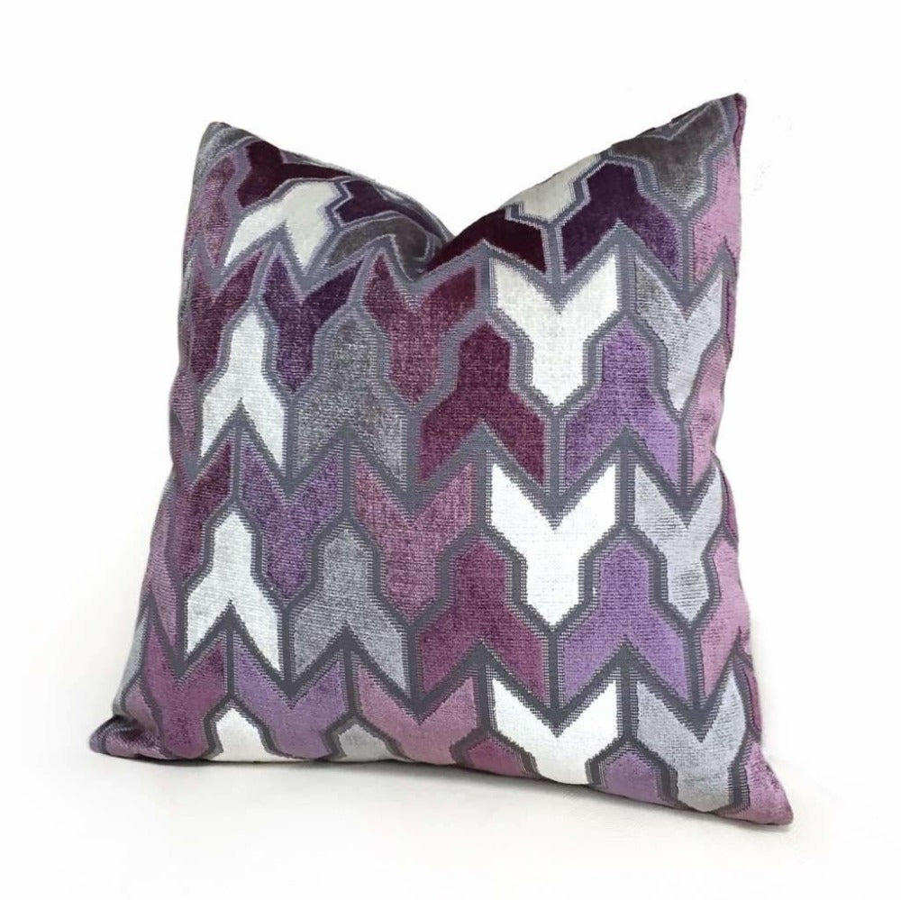 Designer Arrow Geometric Cut Velvet Purple Gray Cream Pillow Cover by Aloriam
