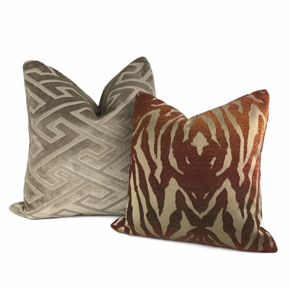 Castel Maison Bosco Sable Brown Greek Key Cut Velvet Pillow Cover - Aloriam