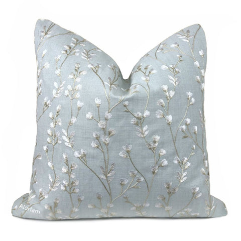 Cecily Light Blue Embroidered Floral Vine Pillow Cover - Aloriam