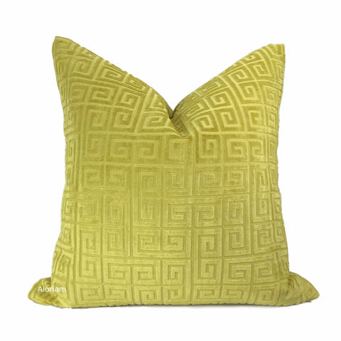 Cornelius Chartreuse Greek Key Geometric Velvet Pillow Cover - Aloriam