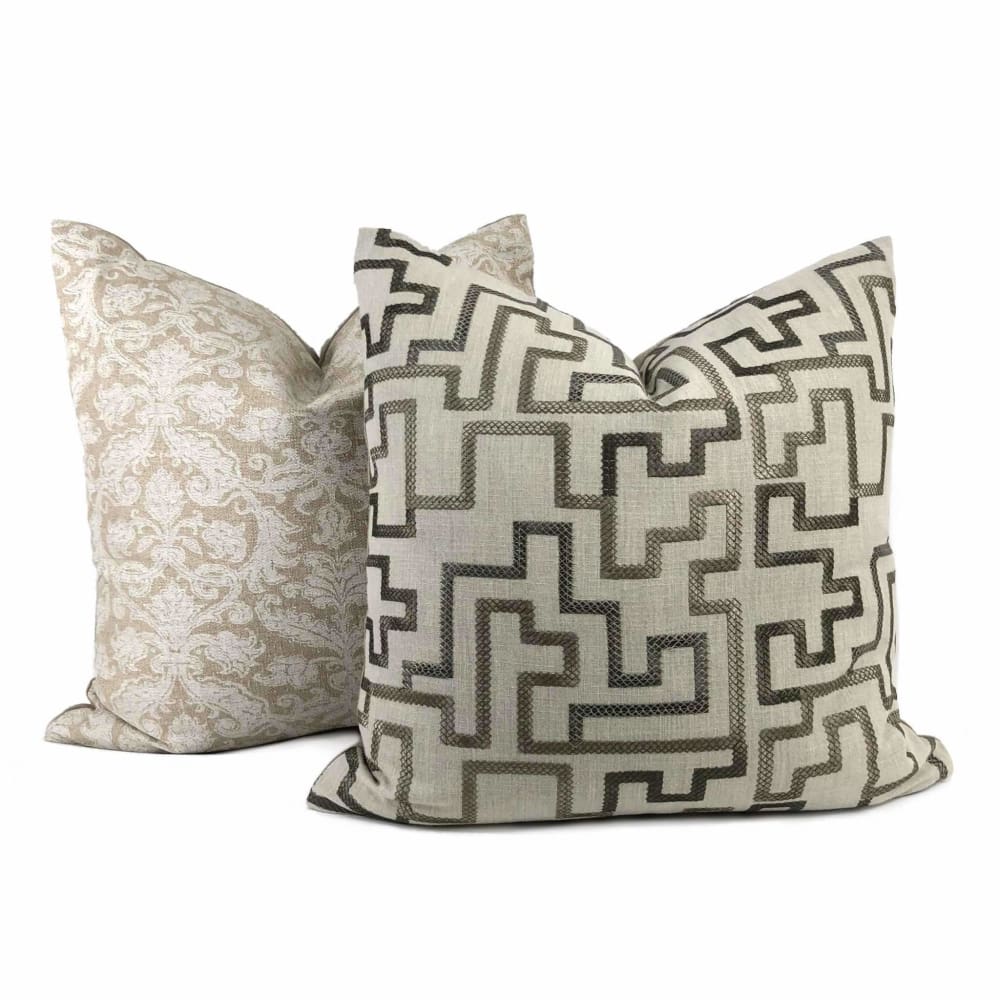 Cypher Bronze Beige Embroidered Maze Linen Pillow Cover - Aloriam