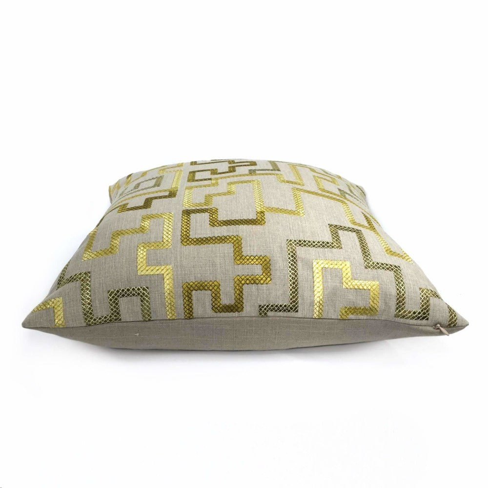 Cypher Metallic Gold Beige Embroidered Maze Linen Cushion