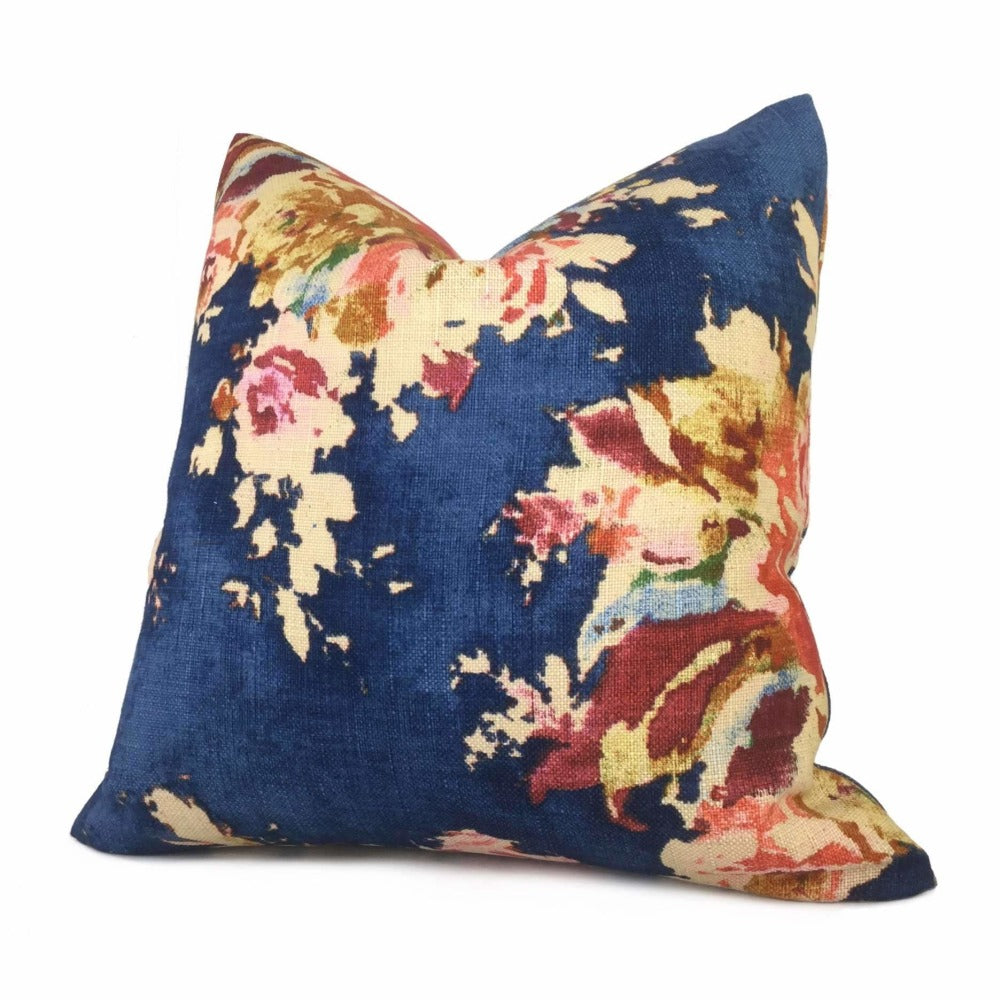 Dark Blue Aphrodite Floral Cotton Linen Print Decorative Pillow Cover