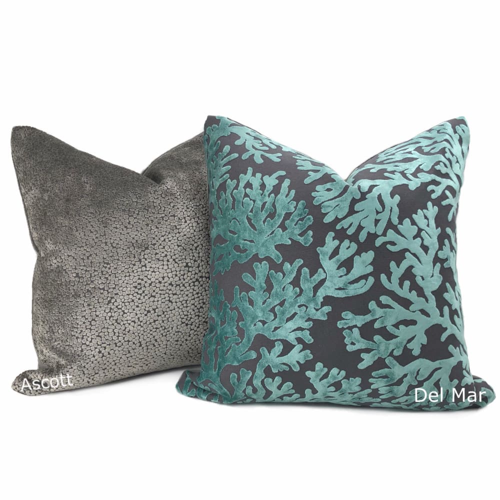 Del Mar Aquamarine Gray Coral Reef Velvet Pillow Cover - Aloriam