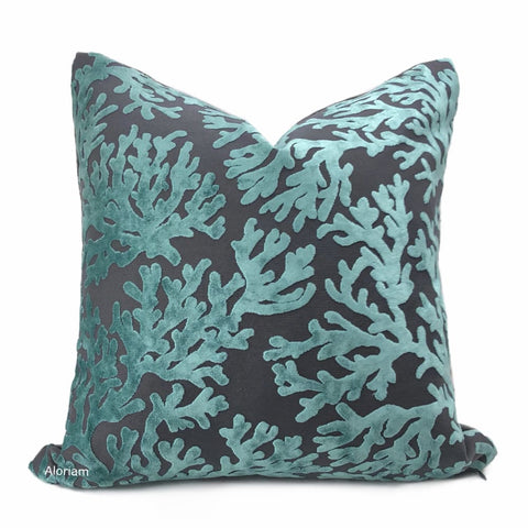 Del Mar Aquamarine Gray Coral Reef Velvet Pillow Cover - Aloriam