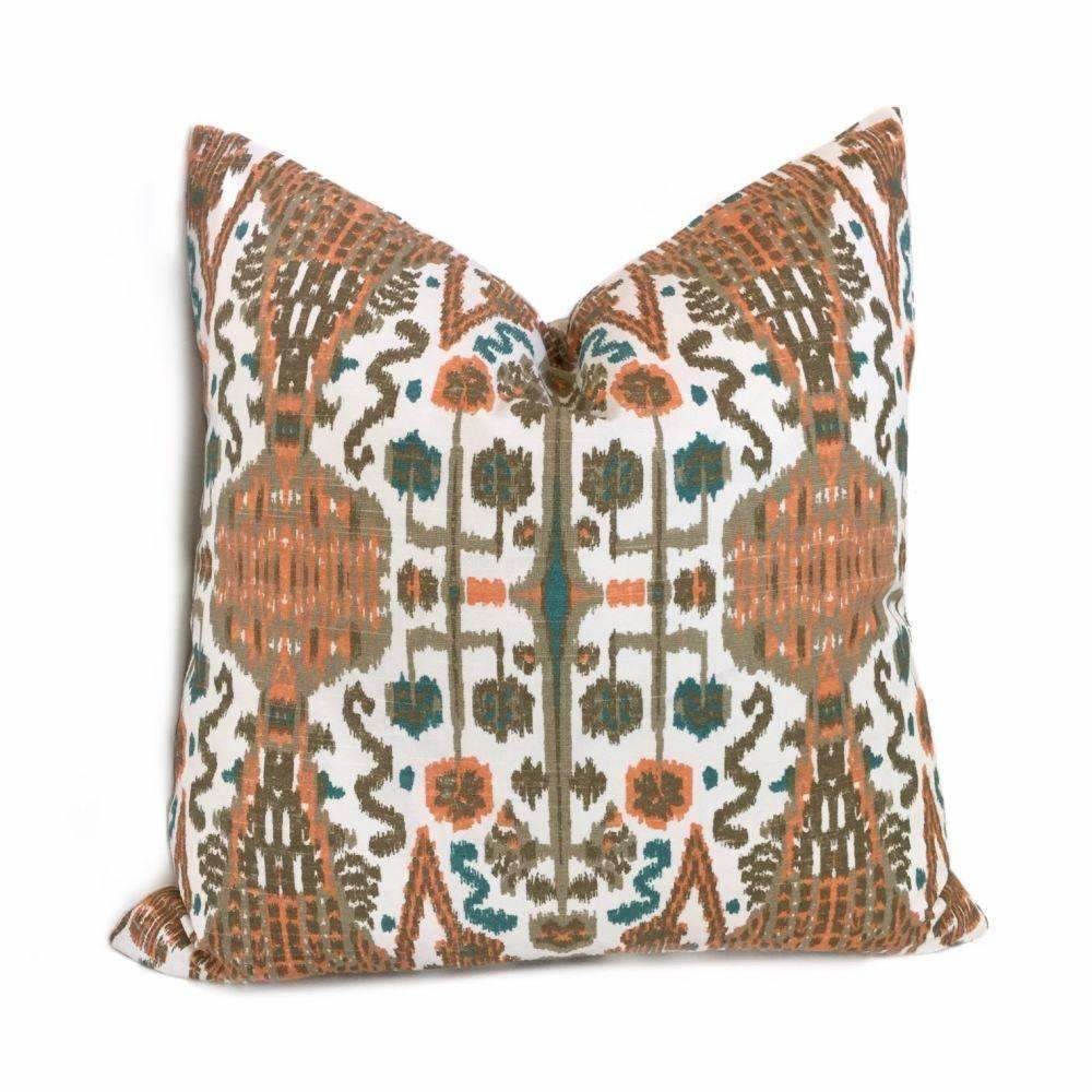 Designer Bombay Orange Teal Brown Cream Ikat Pillow Cover (Made From Lacefield Designs Fabric)
