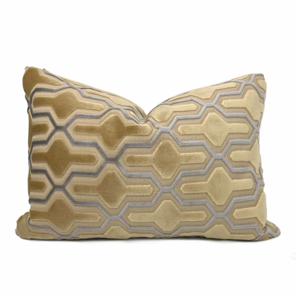 Designer Cut Velvet Beige Blue Geometric Trellis Lattice Pillow Cover - Aloriam