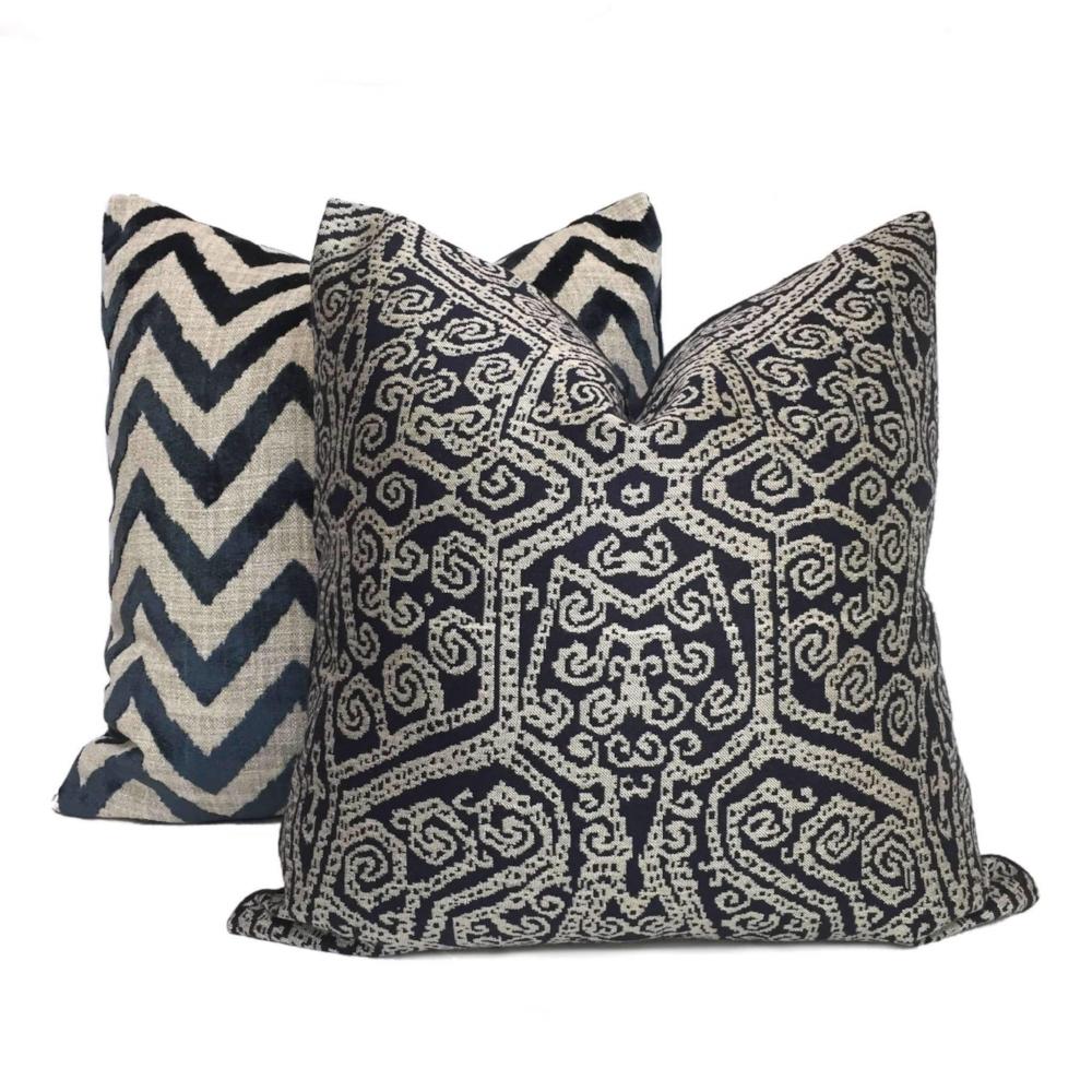 Designer Navy Blue Velvet Ikat Chevron Decorative Throw Pillow Cover by Aloriam