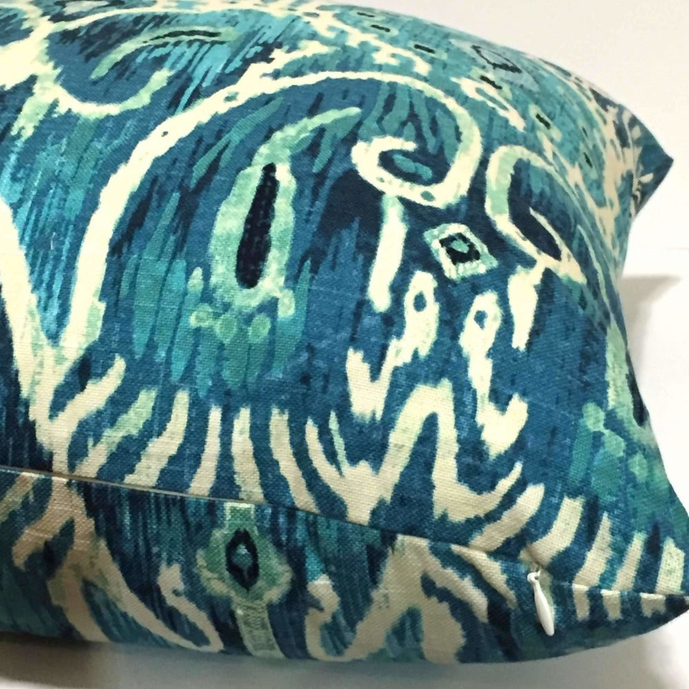 Designer Teal Green Cream Ikat Ethnic Motif Pillow Cover Cushion Pillow Case Euro Sham 16x16 18x18 20x20 22x22 24x24 26x26 28x28 Lumbar Pillow 12x18 12x20 12x24 14x20 16x26 by Aloriam