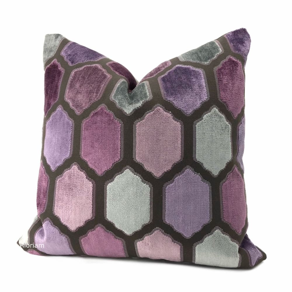 Dorsey Purple Gray Geometric Tile Velvet Pillow Cover - Aloriam