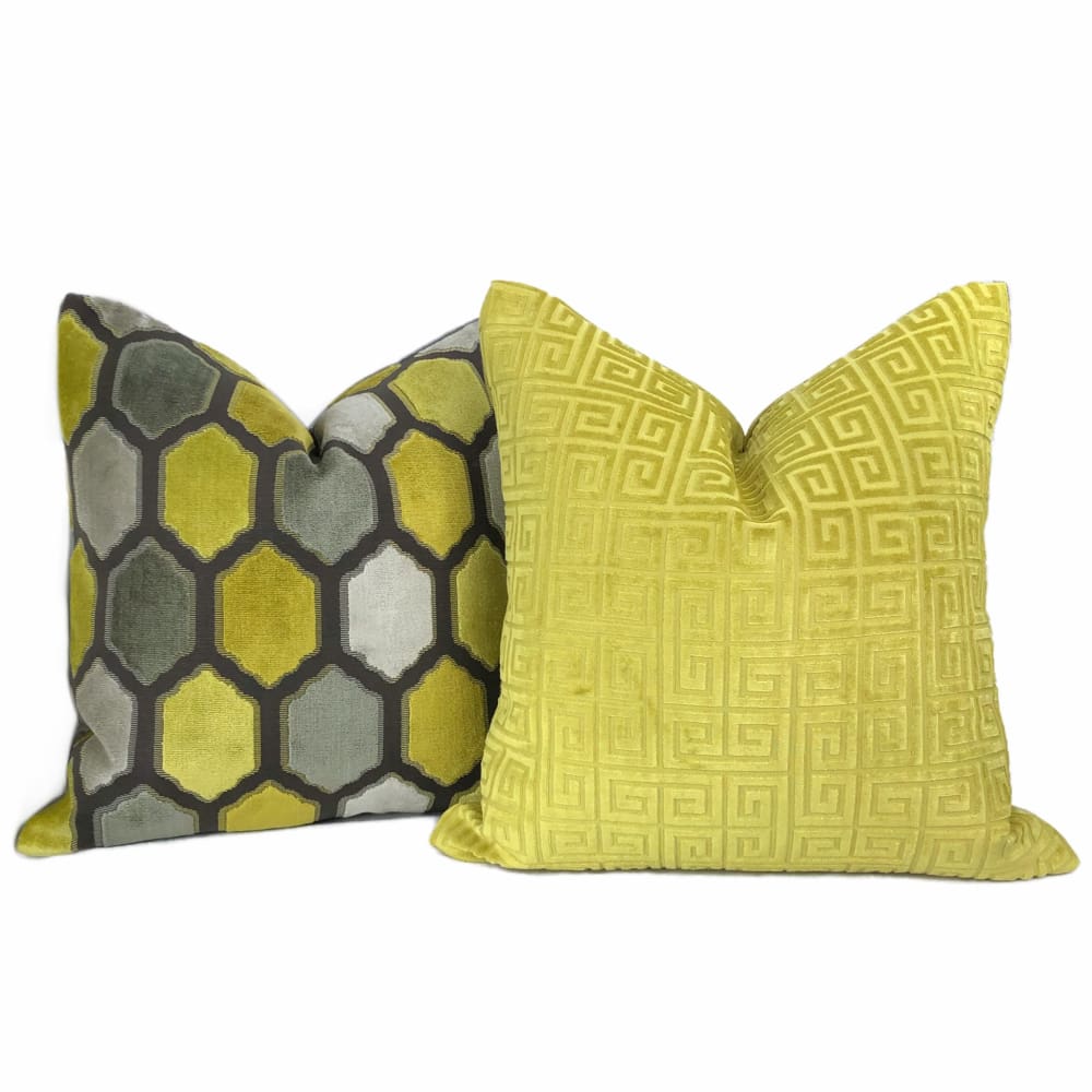 Dorsey Yellow Gray Geometric Tile Velvet Pillow Cover - Aloriam