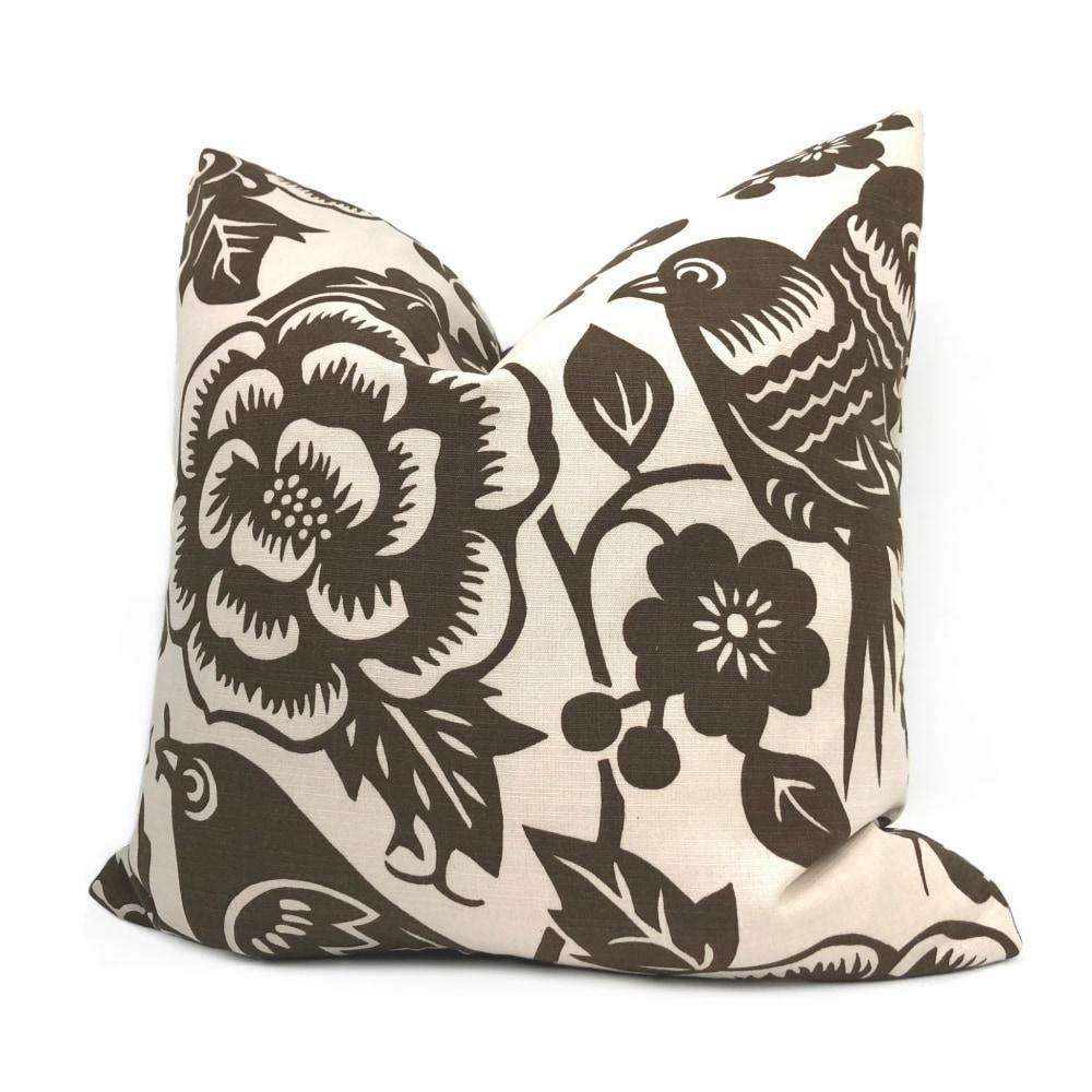 Duralee Thomas Paul Brown Ivory Aviary Cushion 16x16 18x18 20x20 22x22 24x24 26x26 28x28