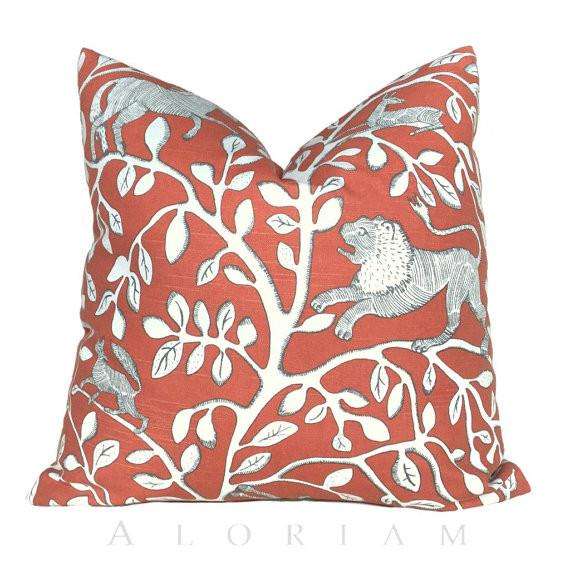 Dwell Studio Pantheon Folk Art Animals Forest Persimmon Orange Ivory Pillow Cushion Cover Cushion Pillow Case Euro Sham 16x16 18x18 20x20 22x22 24x24 26x26 28x28 Lumbar Pillow 12x18 12x20 12x24 14x20 16x26 by Aloriam