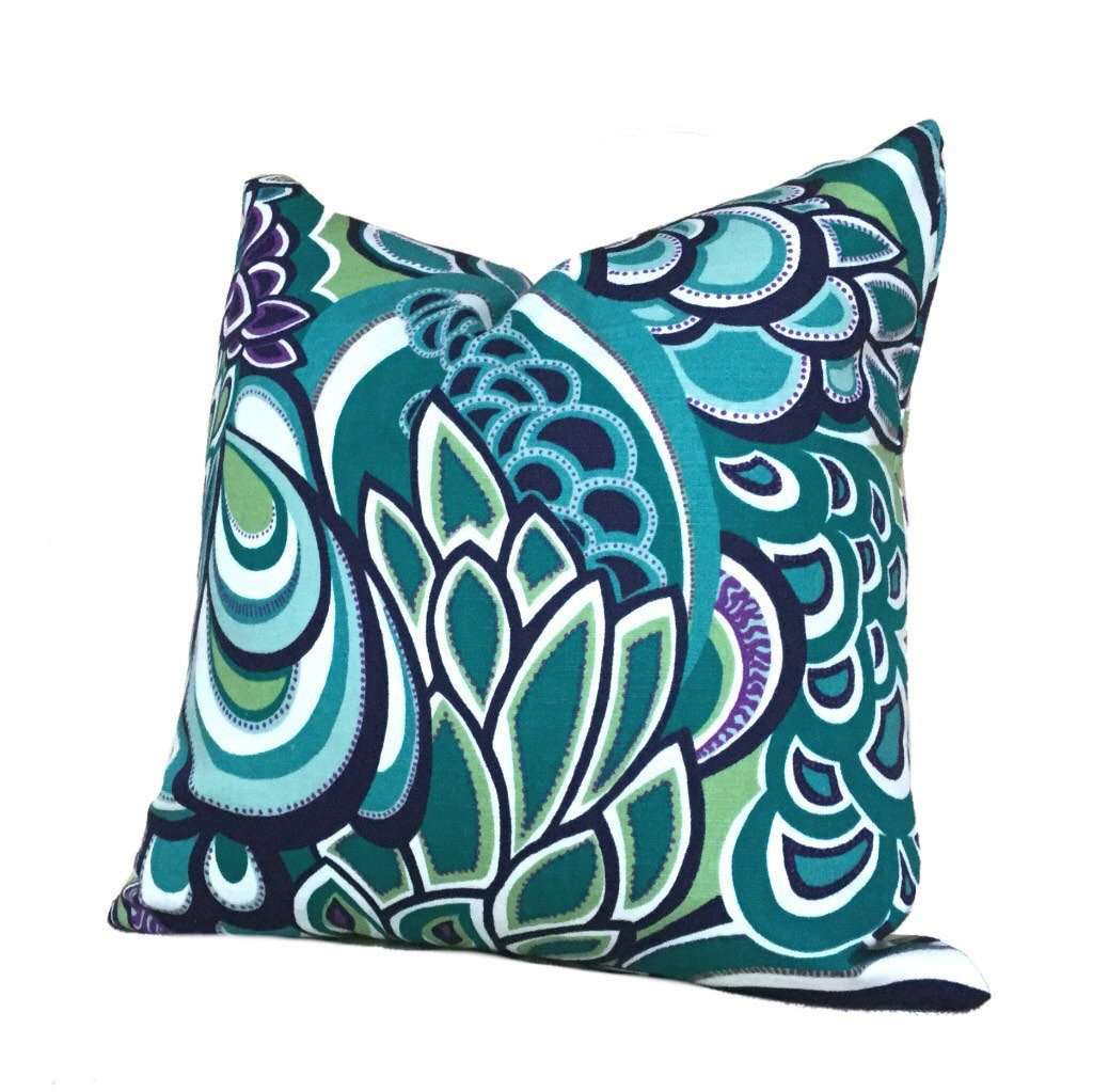 Eileen Boyd Designer Retro Mod Teal Green Purple Floral Pillow Cover, Fits Lumbar 16" 18" 20" 22" 24" Cushion Inserts