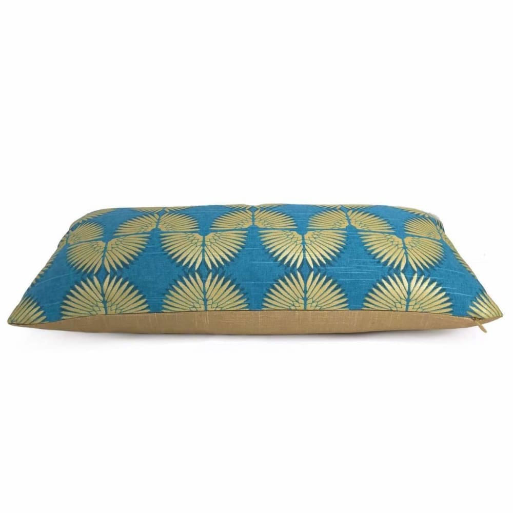 Erte Art Deco Fans Metallic Gold Cyan Teal Cotton Print Pillow Cover Cushion Pillow Case Euro Sham 16x16 18x18 20x20 22x22 24x24 26x26 28x28 Lumbar Pillow 12x18 12x20 12x24 14x20 16x26 by Aloriam