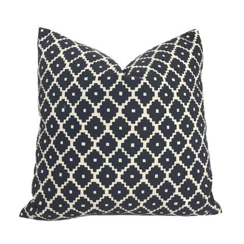 F Schumacher Ziggurat Navy Blue Cream Ethnic Geometric Decorative Throw Pillow Cover by Aloriam