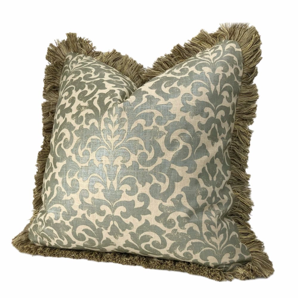 Gainsborough I Sage Green Beige Baroque Floral Damask Fringed Pillow Cover - Aloriam