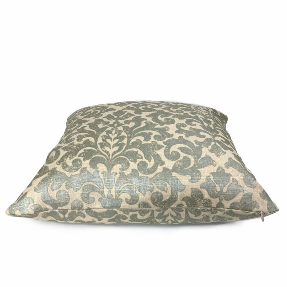 Gainsborough II Sage Green Beige Baroque Floral Damask Fringed Pillow Cover - Aloriam
