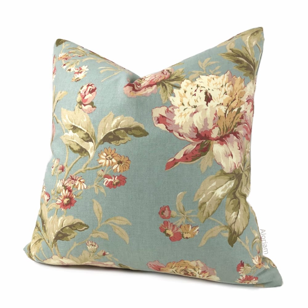 Giverny Pink Duck Egg Blue Floral Print Pillow Cover - Aloriam