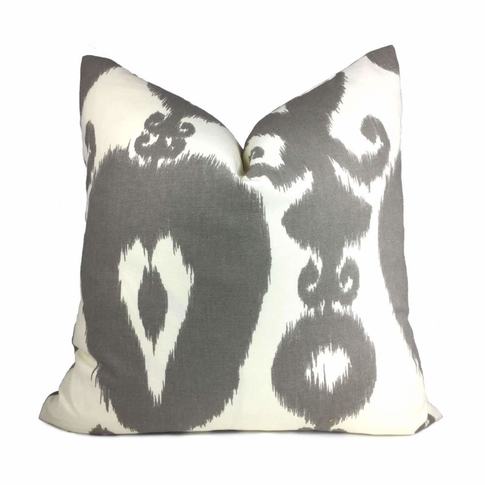 Gray White Large Scale Ikat Ethnic Cotton Print Cushion Cover