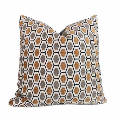 Honeycomb Geometric Gray Off-white Orange-Gold Chenille Velvet Pillow Cover