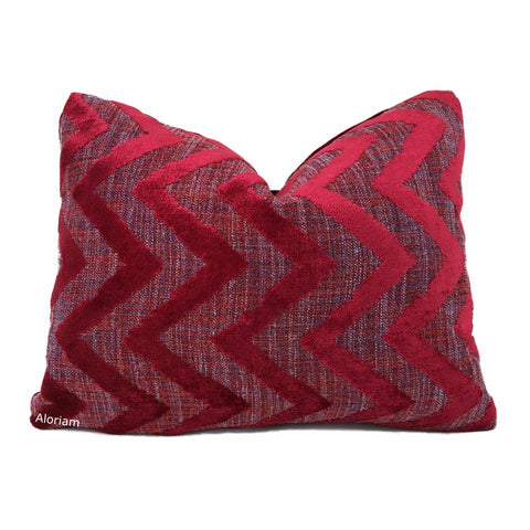Designer Crimson Red Velvet Ikat Chevron Decorative Throw Pillow Cover
