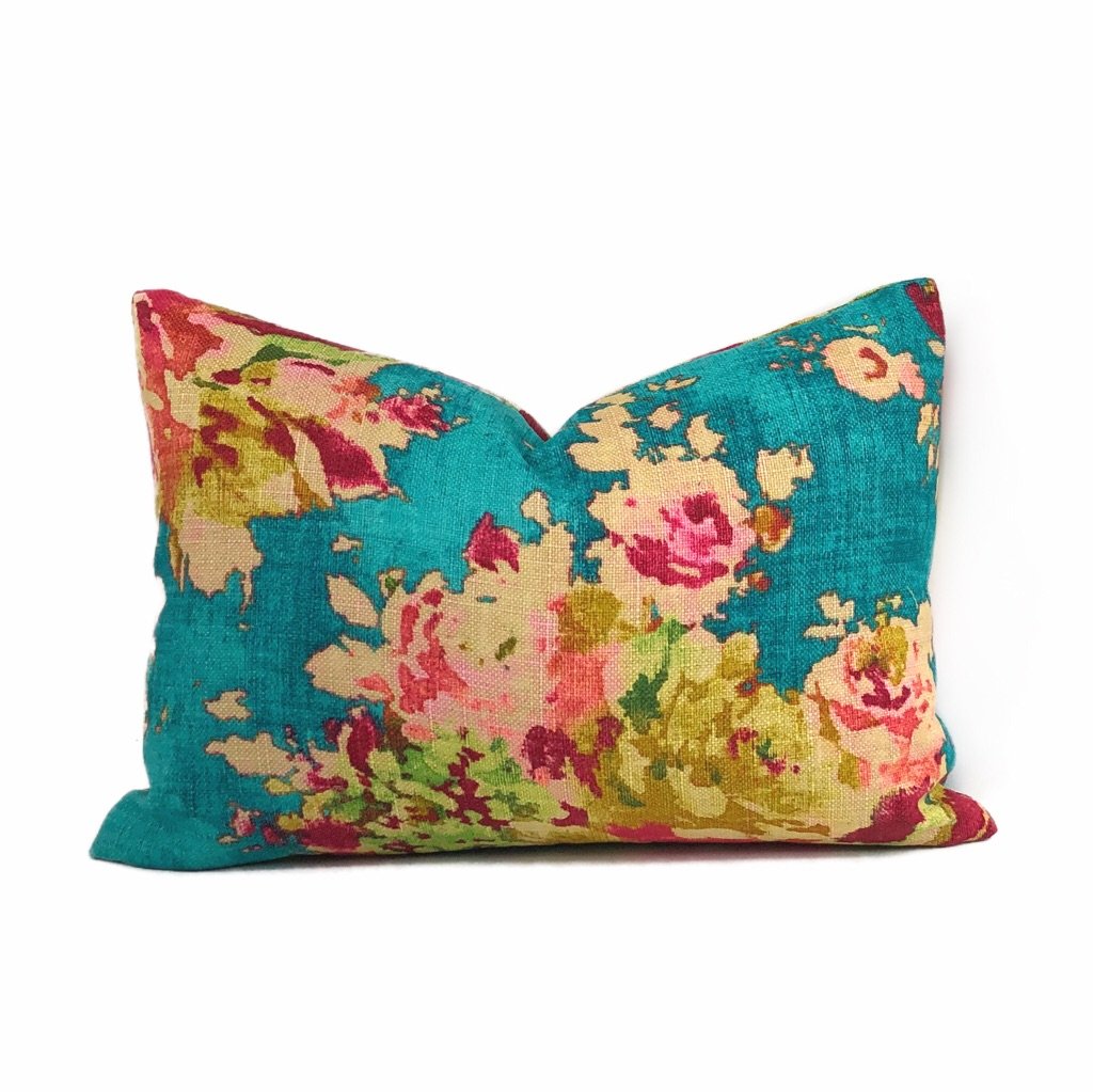 Turquoise Teal Aphrodite Floral Cotton Linen Print Pillow Cover