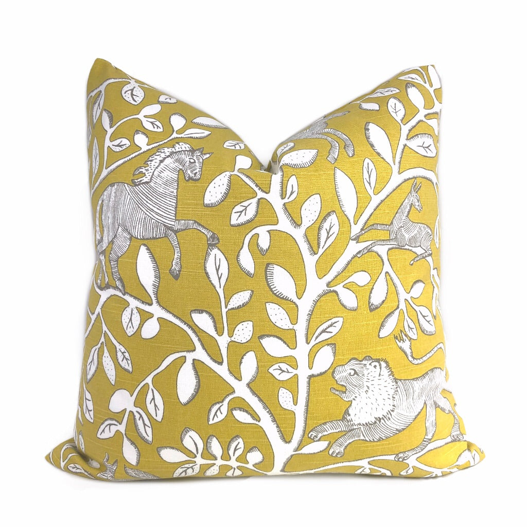 Dwell Studio Pantheon Folk Art Animals Forest Yellow Cream Pillow Cover