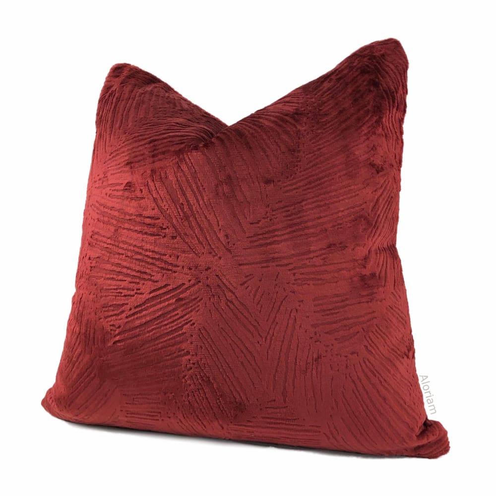 Isla Oxblood Red Crosshatch Leaf Texture Velvet Pillow Cover - Aloriam