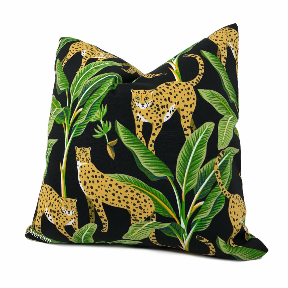 Jenga Leopards with Green Foliage Black Indoor Outdoor Pillow Cover - Fits 12x18 insert (11.5x17 cover) - Aloriam