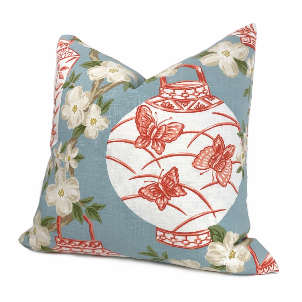 Jiangxi Coral & Blue Chinoiserie Porcelain Jar Floral Print Pillow Cover - Aloriam