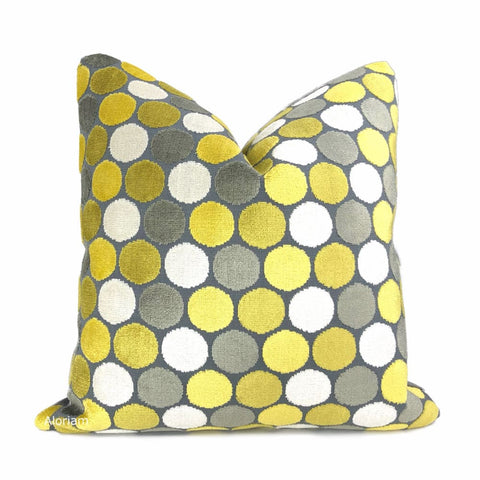 Kendall Yellow Gray White Large Polka Dot Velvet Pillow Cover - Aloriam