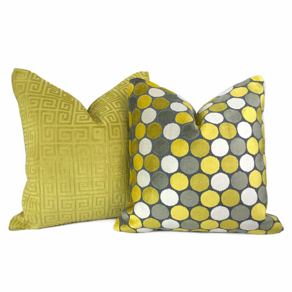 Kendall Yellow Gray White Large Polka Dot Velvet Pillow Cover - Aloriam