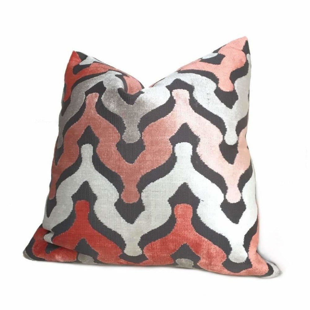 Designer Ogee Wave Coral Pink Gray Cream Cut Velvet Pillow Cover by Aloriam