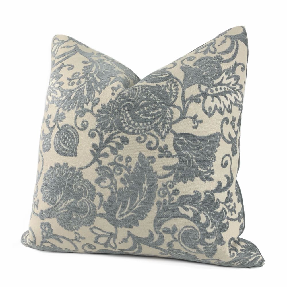 Kravet 32528 Jacobean Floral Slate Gray Beige Chenille Velvet Pillow Cover - Aloriam