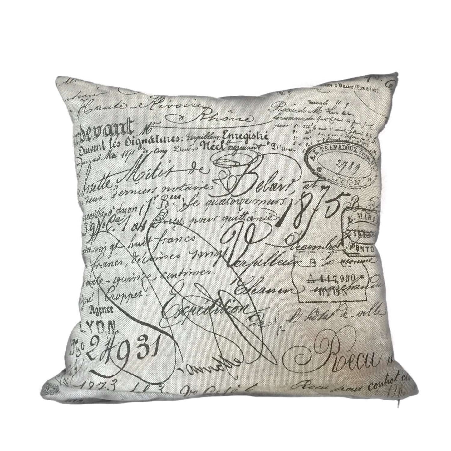 Ballard French Document Script Calligraphy Beige Brown Pillow Cushion Cover