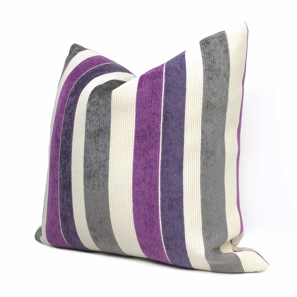 Lawrence Purple Gray & Cream Chenille Stripe Pillow Cover Cushion Pillow Case Euro Sham 16x16 18x18 20x20 22x22 24x24 26x26 28x28 Lumbar Pillow 12x18 12x20 12x24 14x20 16x26 by Aloriam